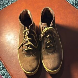 Genuine Naot Brown and Tan Lace-Up Boots with Rounded Toe- leather.